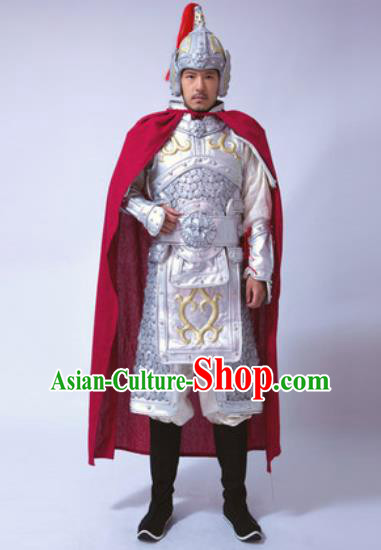 Traditional Chinese Ancient Han Dynasty General Costumes White Helmet and Body Armour for Men