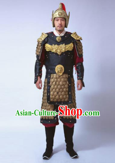 Traditional Chinese Ancient General Costumes Helmet and Body Armour for Men