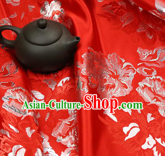 Red Brocade Chinese Traditional Silk Fabric Material Classical Peony Pattern Design Satin Drapery