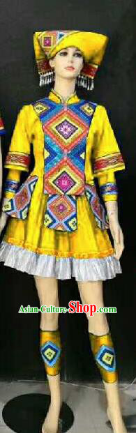 Chinese Traditional Zhuang Nationality Yellow Ethnic Costumes Folk Dance Dress for Women