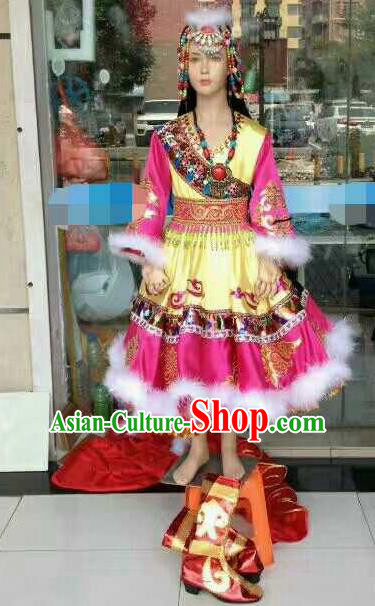 Chinese Traditional Zang Nationality Costumes Tibetan Folk Dance Ethnic Rosy Dress for Kids