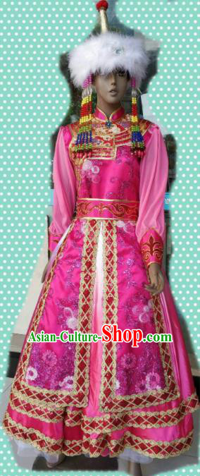 Chinese Traditional Mongol Nationality Pink Costumes Mongolian Folk Dance Ethnic Dress for Women