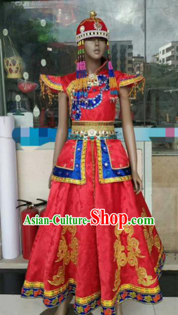 Chinese Traditional Mongol Nationality Red Costumes Mongolian Folk Dance Ethnic Dress for Women