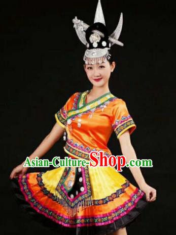 Chinese Traditional Miao Nationality Orange Costumes Hmong Folk Dance Ethnic Dress for Women