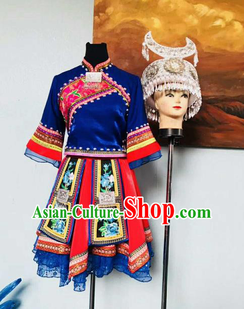 Chinese Traditional Miao Nationality Ethnic Costumes Hmong Folk Dance Royalblue Dress for Women