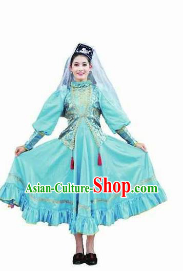 Chinese Traditional Tajik Nationality Wedding Costumes Folk Dance Blue Ethnic Dress for Women