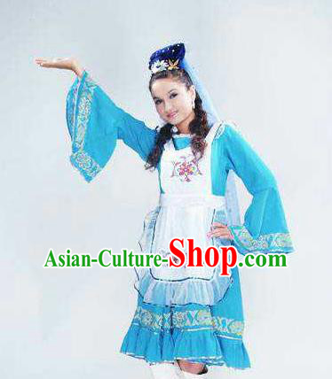 Chinese Traditional Tatar Nationality Wedding Costumes Folk Dance Blue Ethnic Dress for Women