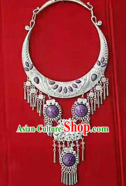 Chinese Traditional Dong Nationality Sliver Purple Necklace Ethnic Wedding Jewelry Accessories for Women