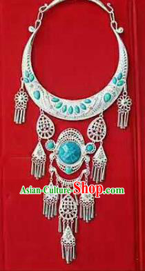 Chinese Traditional Dong Nationality Sliver Blue Necklace Ethnic Wedding Jewelry Accessories for Women
