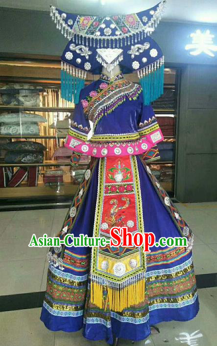 Chinese Traditional Zhuang Nationality Ethnic Costumes Folk Dance Royalblue Dress for Women