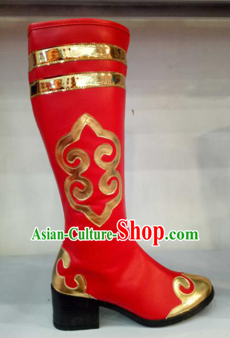 Chinese Traditional Mongol Nationality Shoes Mongolian Folk Dance Ethnic Red Boots for Women