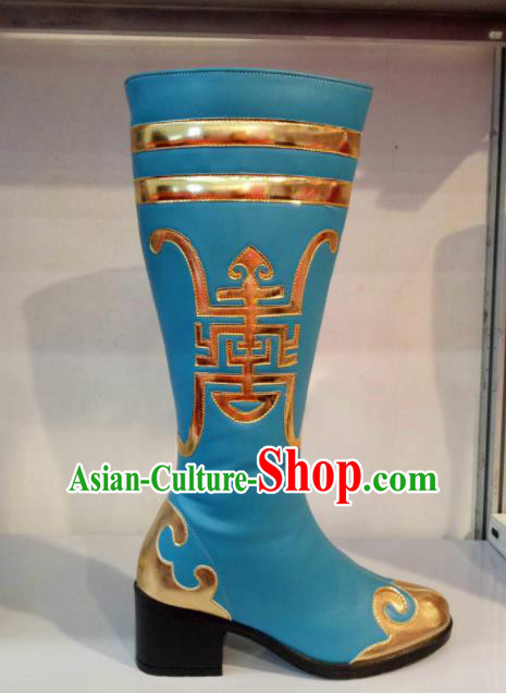 Chinese Traditional Mongol Nationality Shoes Mongolian Folk Dance Ethnic Blue Boots for Women