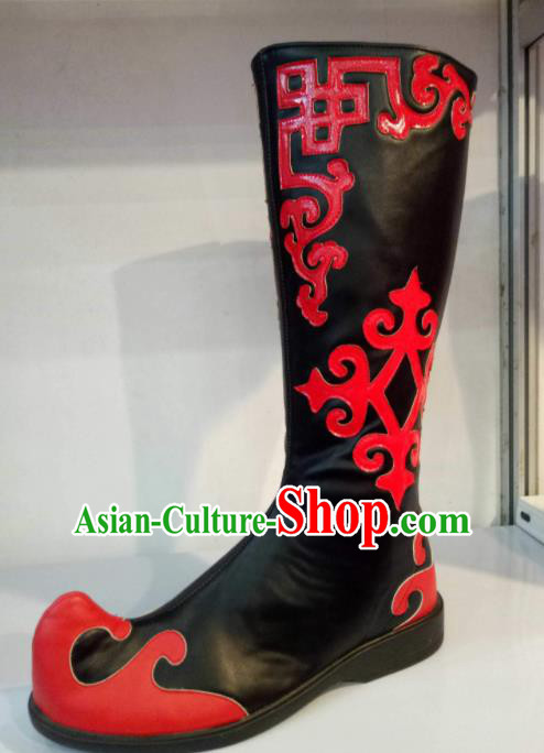 Chinese Traditional Mongolian Shoes Mongol Nationality Folk Dance Black Boots for Women