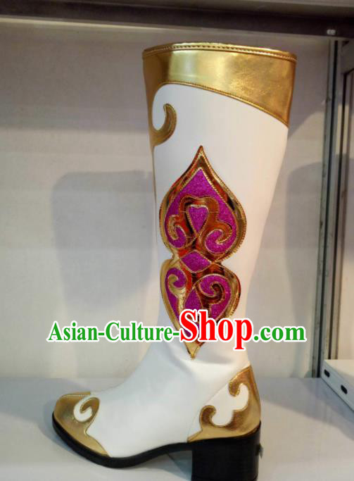 Chinese Traditional Mongolian Shoes Mongol Nationality Folk Dance White Boots for Women