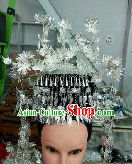 Traditional Chinese Miao Nationality Sliver Phoenix Coronet Hmong Ethnic Folk Dance Hair Accessories for Women