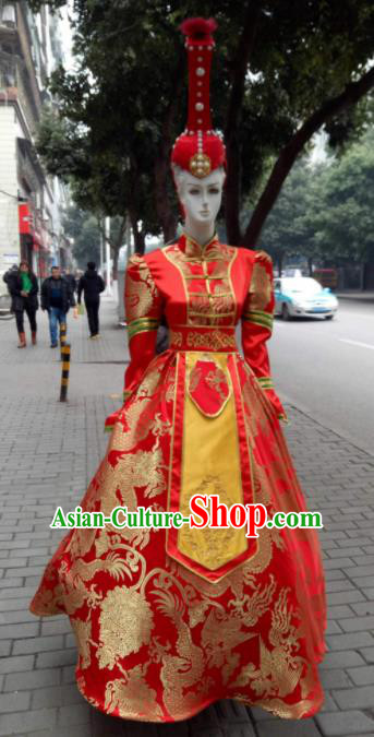 Chinese Traditional Mongol Nationality Costumes Mongolian Folk Dance Red Dress and Hat for Women