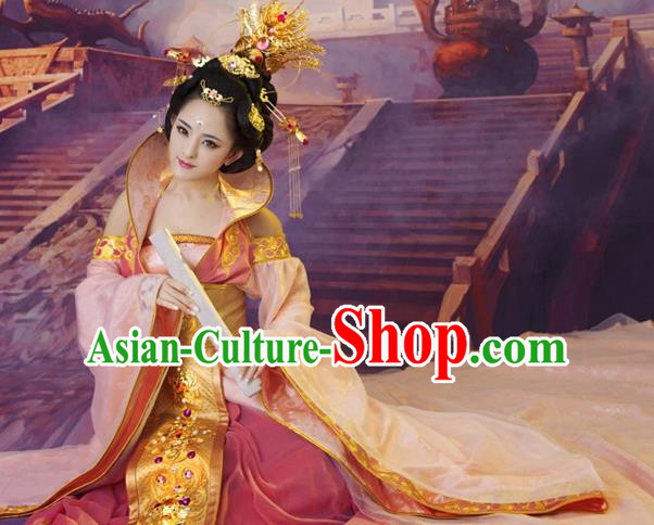 Chinese Ancient Tang Dynasty Imperial Consort Embroidered Costumes and Headpiece Complete Set for Women