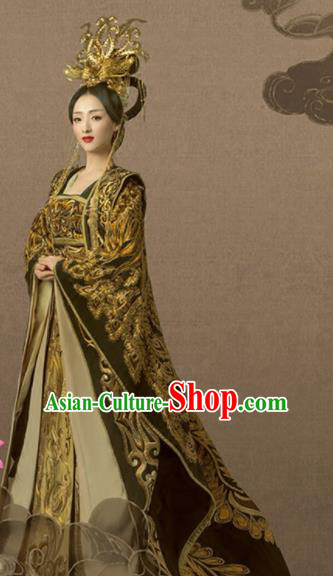 Chinese Ancient Tang Dynasty Empress Hanfu Dress Embroidered Costumes and Headpiece Complete Set for Women