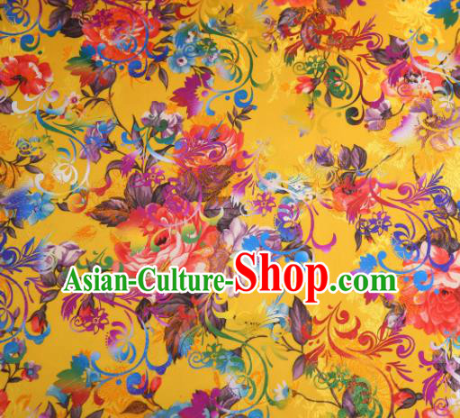 Chinese Traditional Yellow Brocade Classical Peony Flowers Pattern Design Silk Fabric Material Satin Drapery