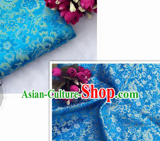 Chinese Traditional Blue Brocade Classical Flowers Pattern Design Silk Fabric Material Satin Drapery