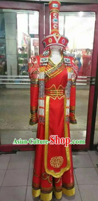 Chinese Traditional Mongol Nationality Costumes Mongolian Dance Red Dress and Hat for Women