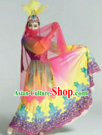 Chinese Traditional Uyghur Nationality Costumes Uyghurian Ethnic Folk Dance Dress and Hat for Women