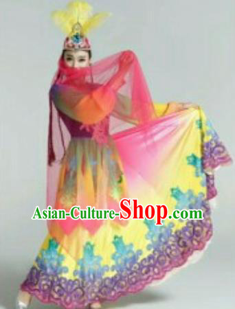 Chinese Traditional Uyghur Nationality Costumes Uyghurian Ethnic Folk Dance Dress and Hat for Women