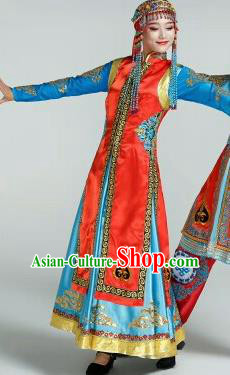 Chinese Traditional Mongol Nationality Costumes Mongolian Ethnic Folk Dance Dress and Hat for Women