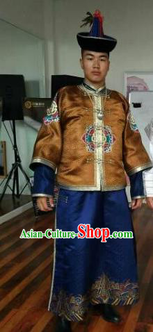 Chinese Traditional Mongol Nationality Costumes Mongolian Ethnic Brown Clothing and Hat for Men