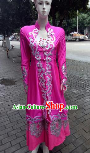 Chinese Traditional Kazak Nationality Costumes Kazakhs Ethnic Folk Dance Rosy Dress for Women