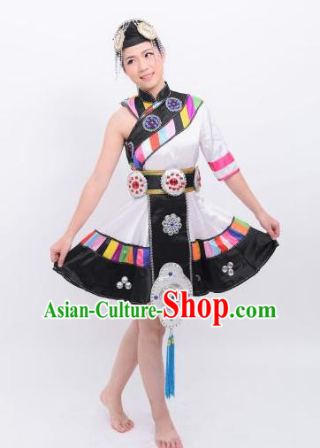 Chinese Traditional Zang Nationality Wedding Costumes Ethnic Folk Dance Dress and Headwear for Women