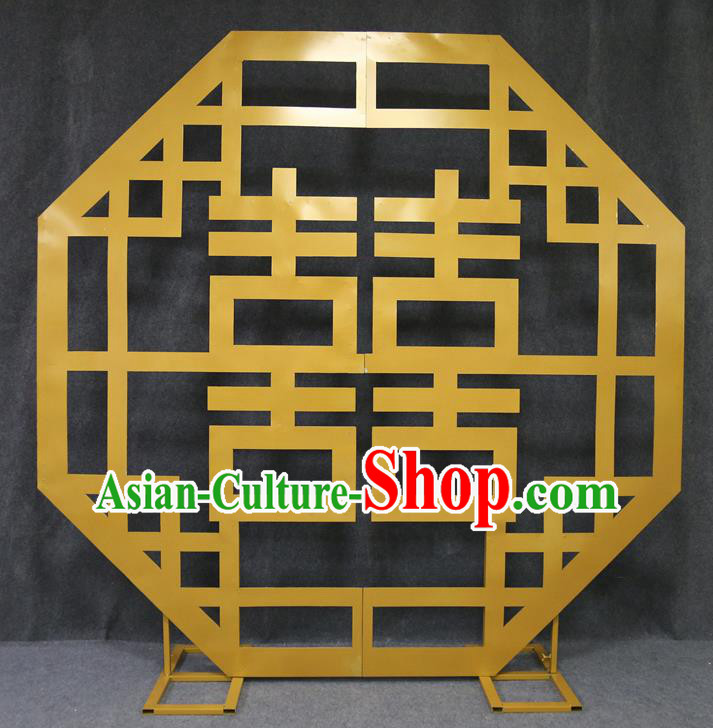 Chinese Traditional Wedding Folding Screen Films Props Golden Iron Floor Screen