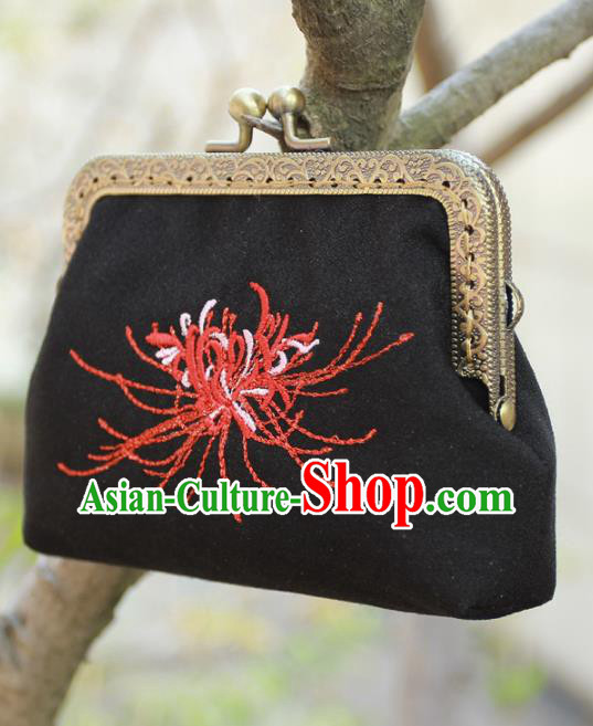 Chinese Traditional Handmade Embroidered Black Coin Purse Retro Handbag for Women