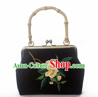 Chinese Traditional Handmade Embroidered Camellia Black Bags Retro Handbag for Women