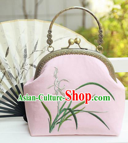 Chinese Traditional Handmade Embroidered Orchid Pink Bag Retro Handbag for Women