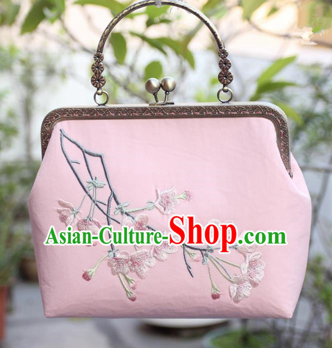 Chinese Traditional Handmade Embroidered Peach Blossom Pink Bag Retro Handbag for Women