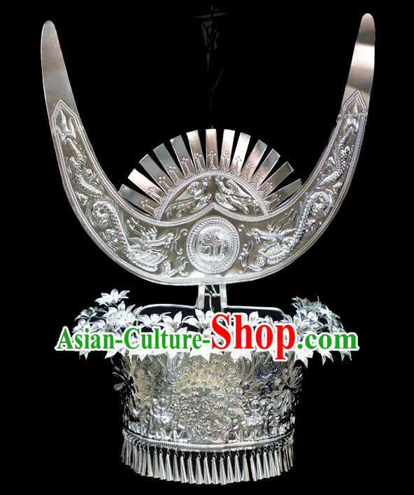 Chinese Traditional Miao Nationality Wedding Hair Accessories Hmong Carving Sliver Phoenix Coronet for Women