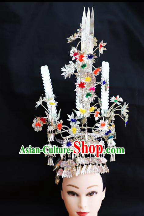 Chinese Traditional Miao Nationality Hair Accessories Colorful Phoenix Coronet Hmong Carving Sliver Hairpins for Women