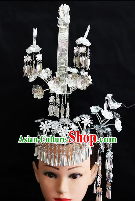 Chinese Traditional Miao Nationality Hair Accessories Phoenix Coronet Sliver Hairpins for Women