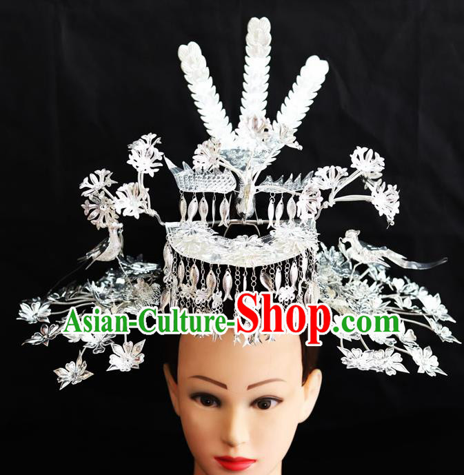 Chinese Traditional Miao Nationality Wedding Phoenix Coronet Hair Accessories Sliver Hairpins for Women