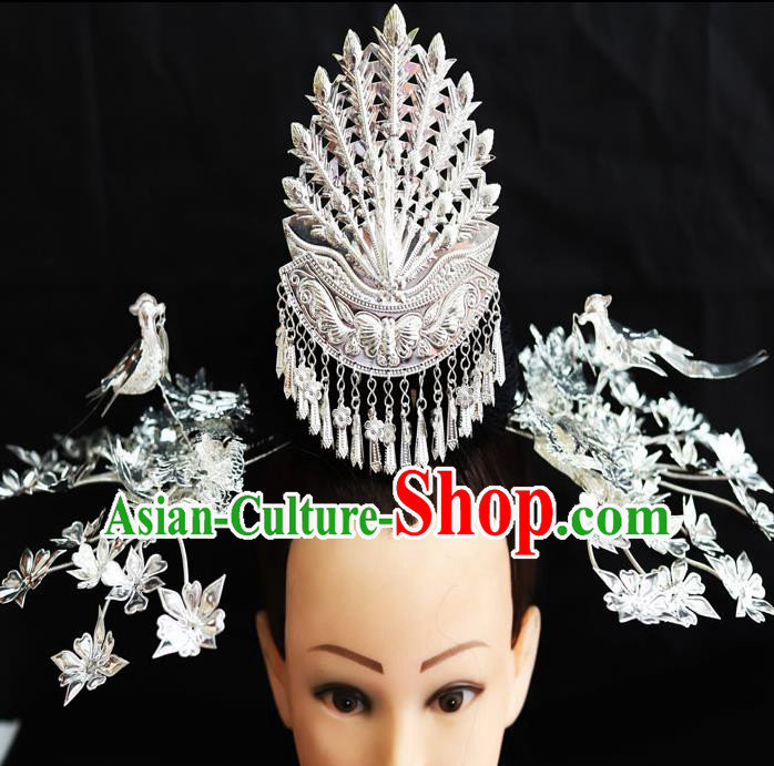 Chinese Traditional Miao Nationality Phoenix Coronet Wedding Hair Accessories Sliver Hairpins for Women