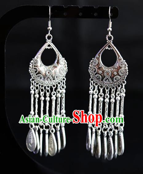 Chinese Traditional Miao Nationality Sliver Ear Accessories Wedding Tassel Earrings for Women