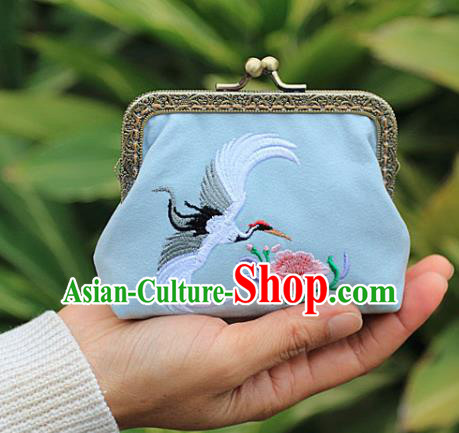 Chinese Traditional Handmade Embroidered Crane Flower Blue Wallet Retro Coin Purse Handbag for Women