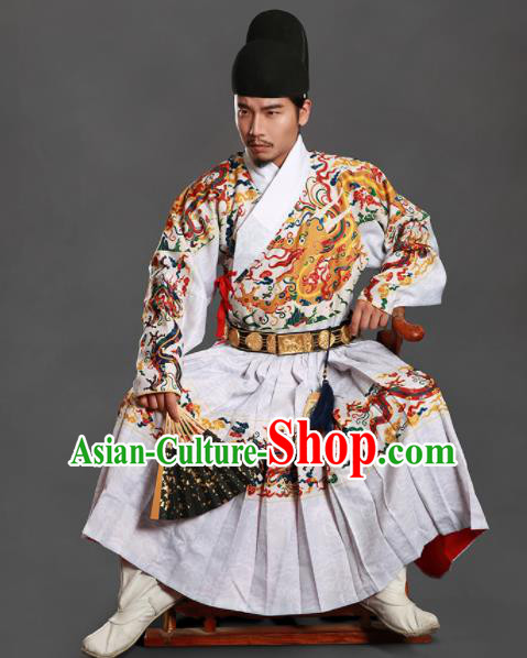 Chinese Traditional Ming Dynasty Imperial Bodyguard Clothing Ancient Blads Embroidered White Costumes for Men