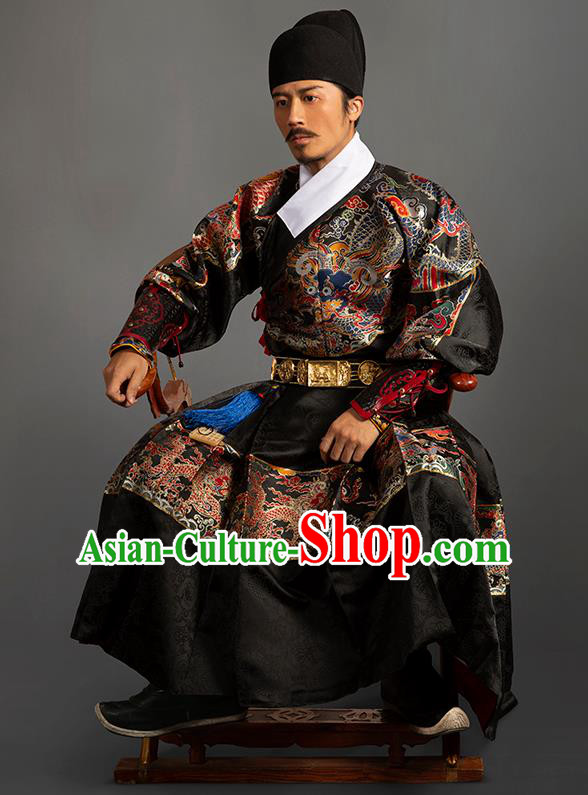 Chinese Traditional Ming Dynasty Blades Clothing Ancient Imperial Guards Embroidered Black Costumes for Men