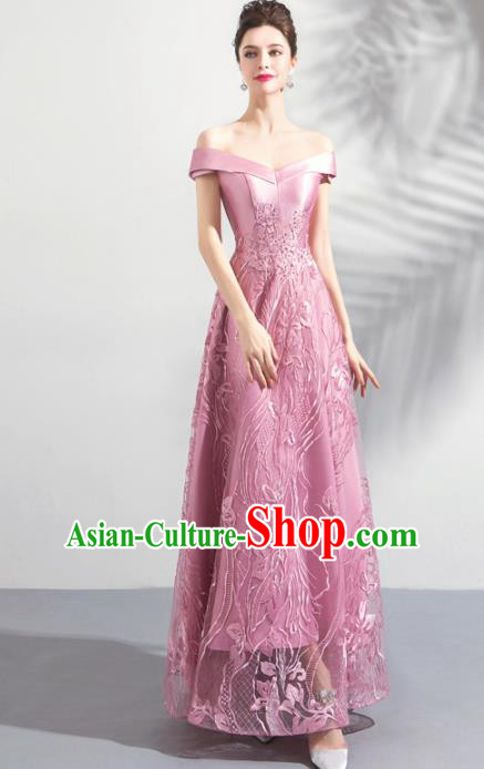 Top Grade Handmade Catwalks Costumes Compere Embroidered Pink Full Dress for Women