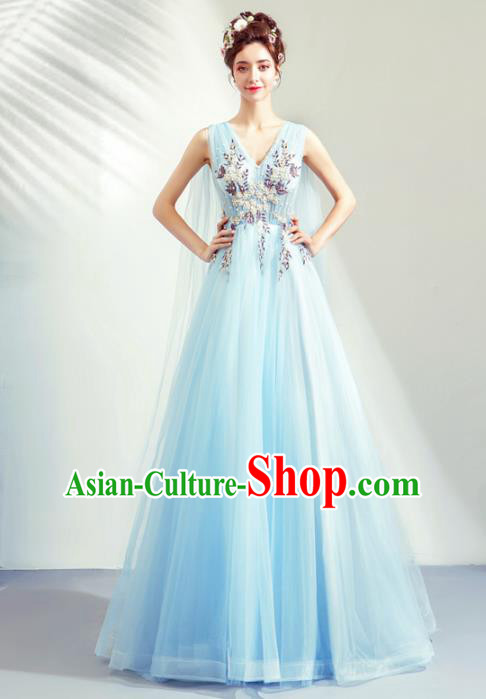Top Grade Handmade Catwalks Costumes Compere Blue Veil Full Dress for Women