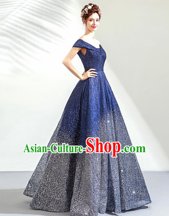 Top Grade Handmade Catwalks Costumes Compere Deep Blue Diamante Full Dress for Women