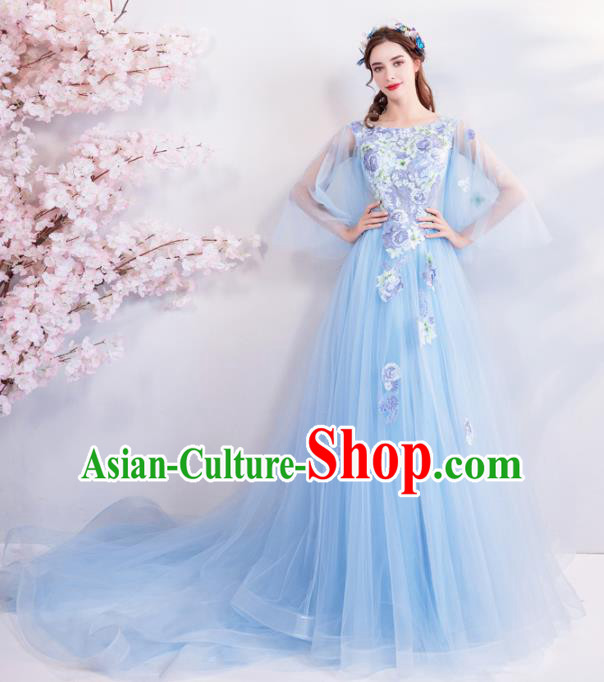 Top Grade Handmade Catwalks Costumes Compere Fairy Flowers Blue Full Dress for Women