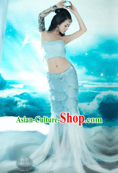 Chinese Ancient Peri Mermaid Costumes Blue Dress for Women